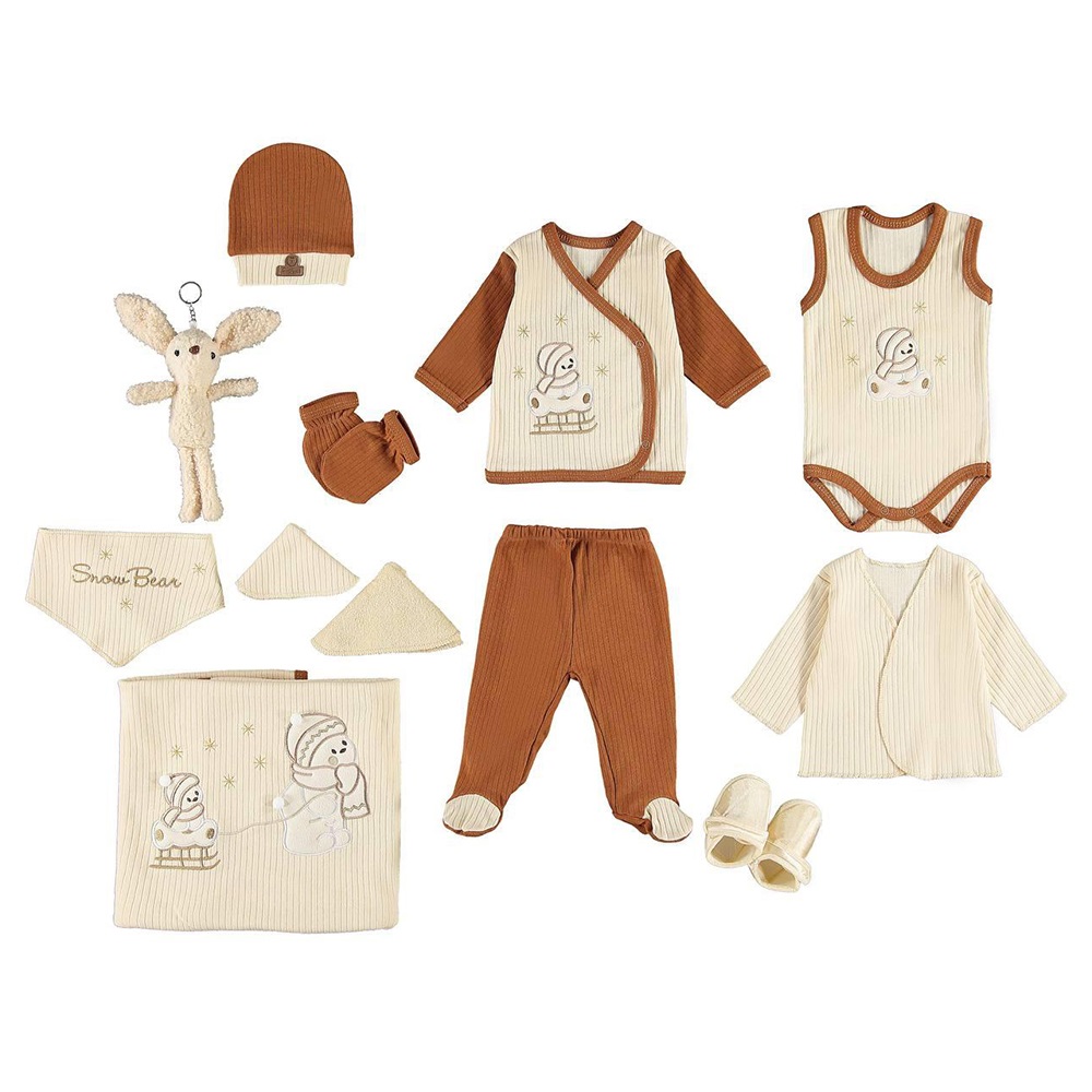 ConCon 1655 Bebe Organik Lüx Kızaklı Sevimli Ayıcık Nakışlı 10 Parça Zıbın Set 0-3 Ay - Kahverengi - 0-3 AY
