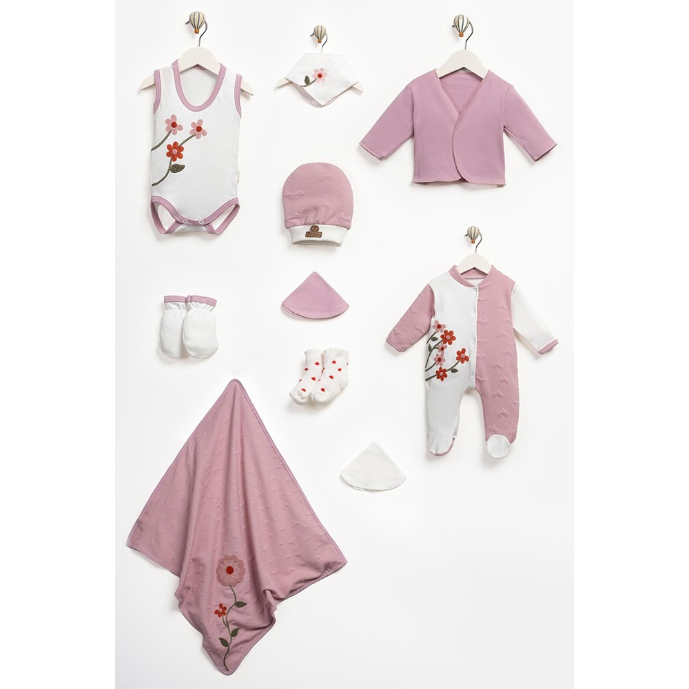 ConCon 1667 Bebe Organik Lüx Çiçek Nakışlı 10 Parça Zıbın Set 0-3 Ay - G.Kurusu - 0-3 AY