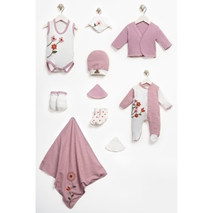 ConCon 1667 Bebe Organik Lüx Çiçek Nakışlı 10 Parça Zıbın Set 0-3 Ay - G.Kurusu - 0-3 AY