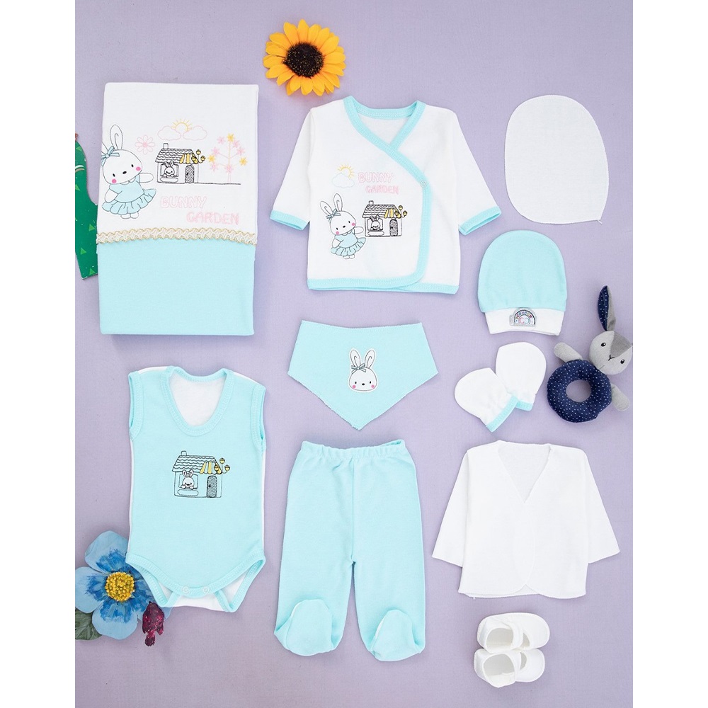 ConCon 708 Bebe Bunny Garden Tavşan Nakışlı 10 Parça Zıbın Set 0-3 Ay - Turkuaz - 0-3 AY