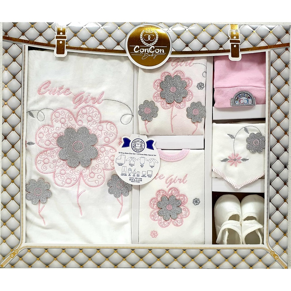 ConCon 710 Bebe Simli Papatya Nakışlı 10 Parça Zıbın Set 0-3 Ay - Pembe - 0-3 AY