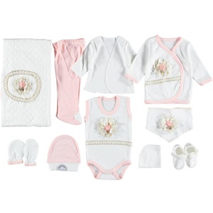 ConCon 555 Bebe Kabartma Çiçek Nakışlı 10 Parça Zıbın Set 0-3 Ay - Pembe - 0-3 AY