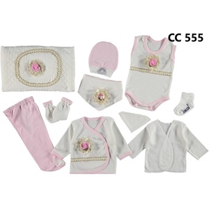 ConCon 555 Bebe Kabartma Çiçek Nakışlı 10 Parça Zıbın Set 0-3 Ay - Pembe - 0-3 AY