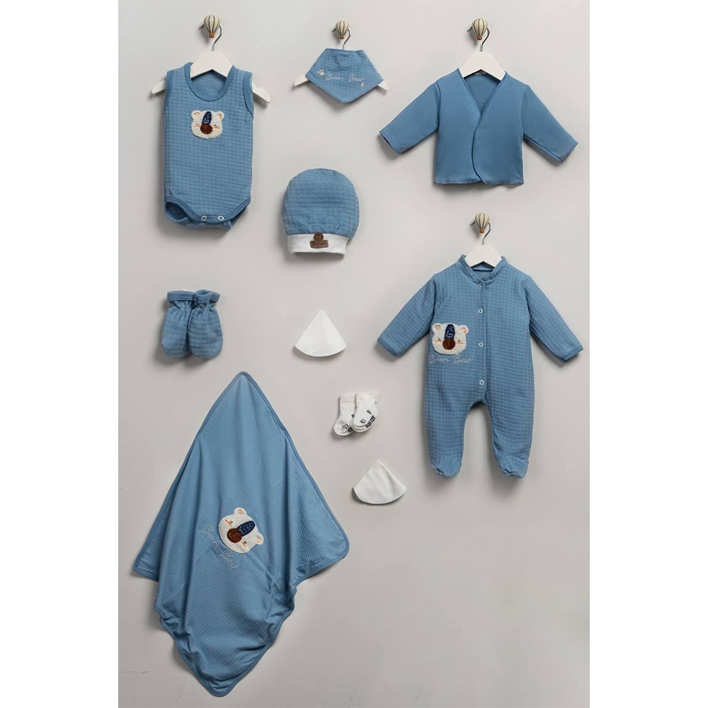 ConCon 5066 Bebe Organik Lüx Süzine Sevimli Ayıcık Nakışlı 5 Parça Zıbın Set 0-3 Ay - Mavi - 0-3 AY