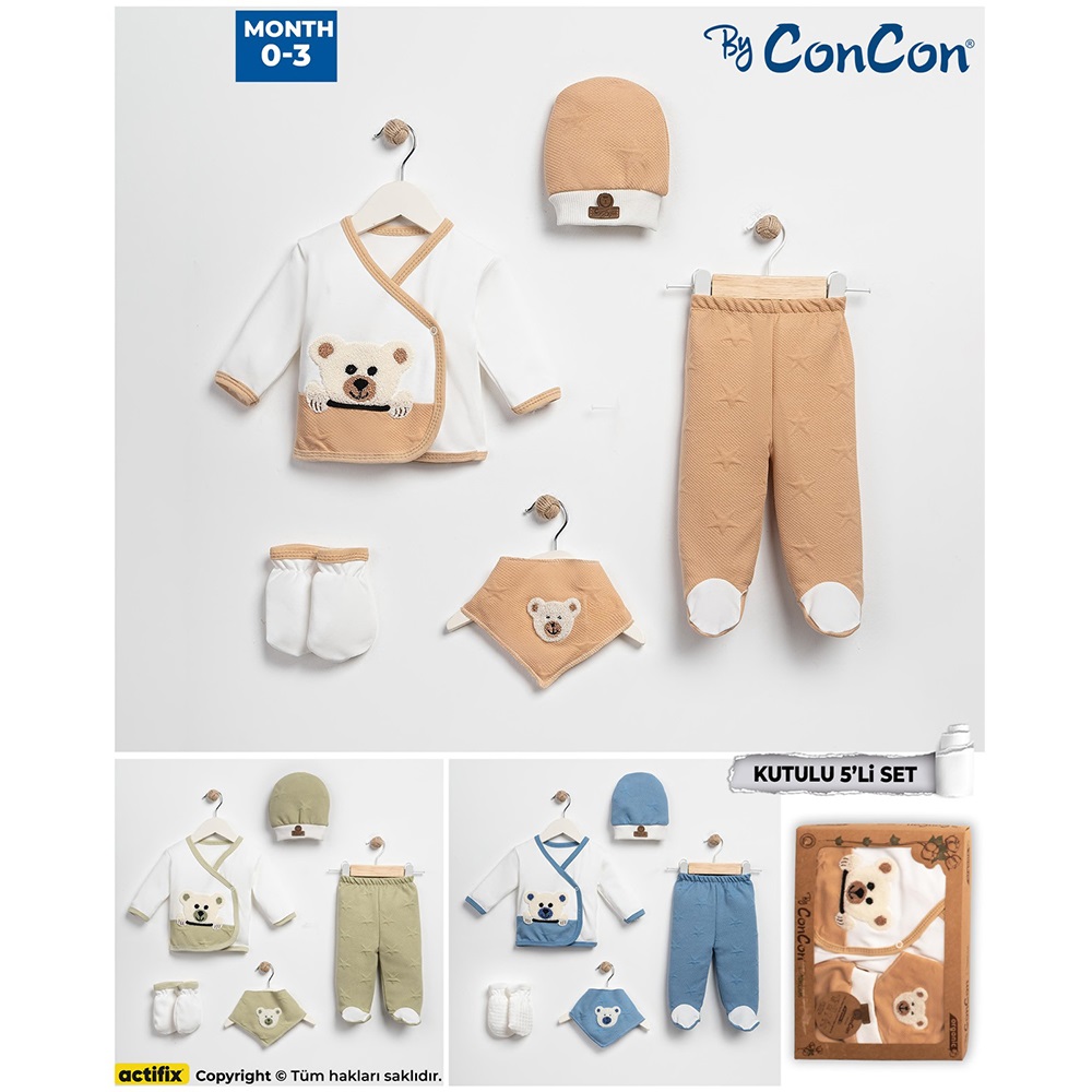 ConCon 5071 Bebe Organik Lüx Süzine Sevimli Panda Nakışlı 5 Parça Zıbın Set 0-3 Ay - Mint Yeşil - 0-3 AY
