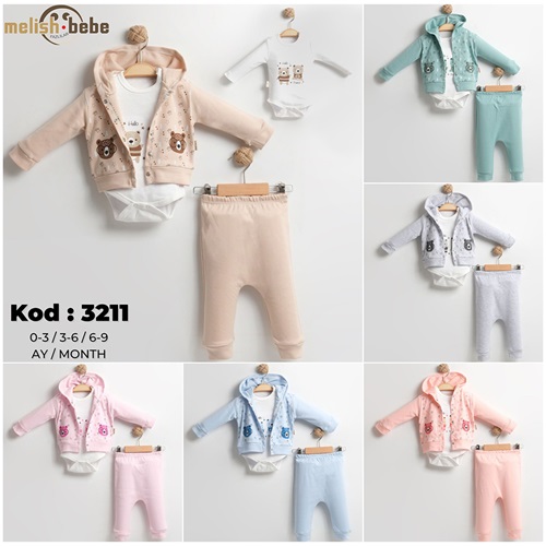 Melish Bebe 3211 Bebe Penye Ayıcık Baskılı Hırkalı 3 Lü Takım 0-3-6 Ay - Somon - 3-6 AY