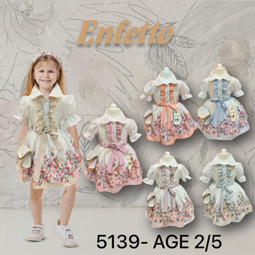 Neo Style 5139 Kız Çocuk Etek Ucu Çiçek Desenli Çantalı Elbise 1-4 Yaş - Mavi - 1-4 YAŞ