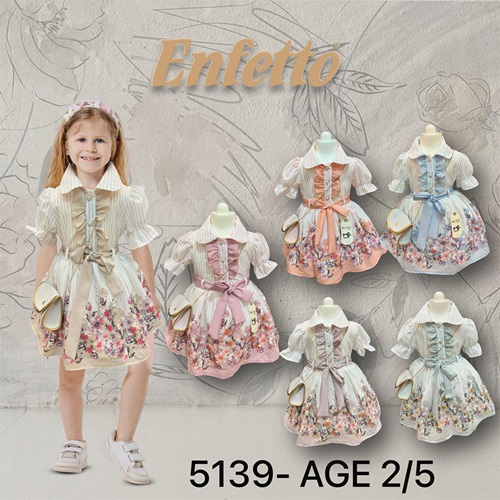 Neo Style 5139 Kız Çocuk Etek Ucu Çiçek Desenli Çantalı Elbise 1-4 Yaş - Pudra - 1-4 YAŞ