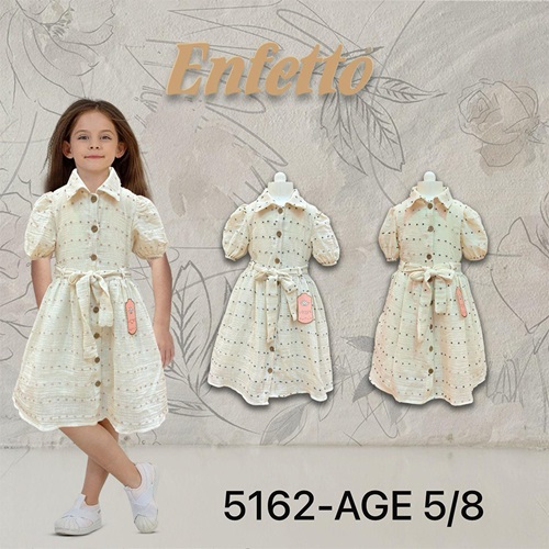 Lotus 5162 Kız Çocuk Boydan Düğmeli Kuşakllı Elbise 5-8 Yaş - Ekru - 5-8 YAŞ