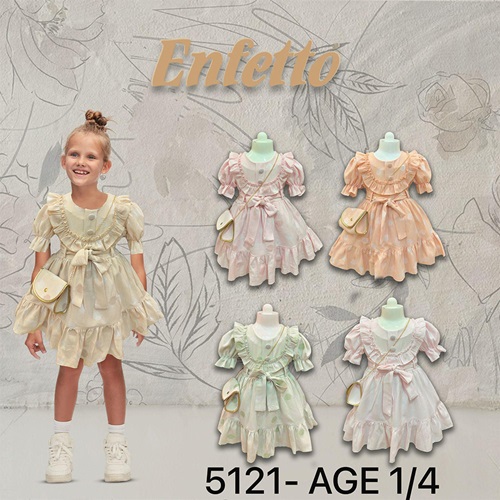 Neo Style 5121 Kız Çocuk Desenli Etek Ucu Parçalı Çantalı Elbise 1-4 Yaş - Somon - 1-4 YAŞ