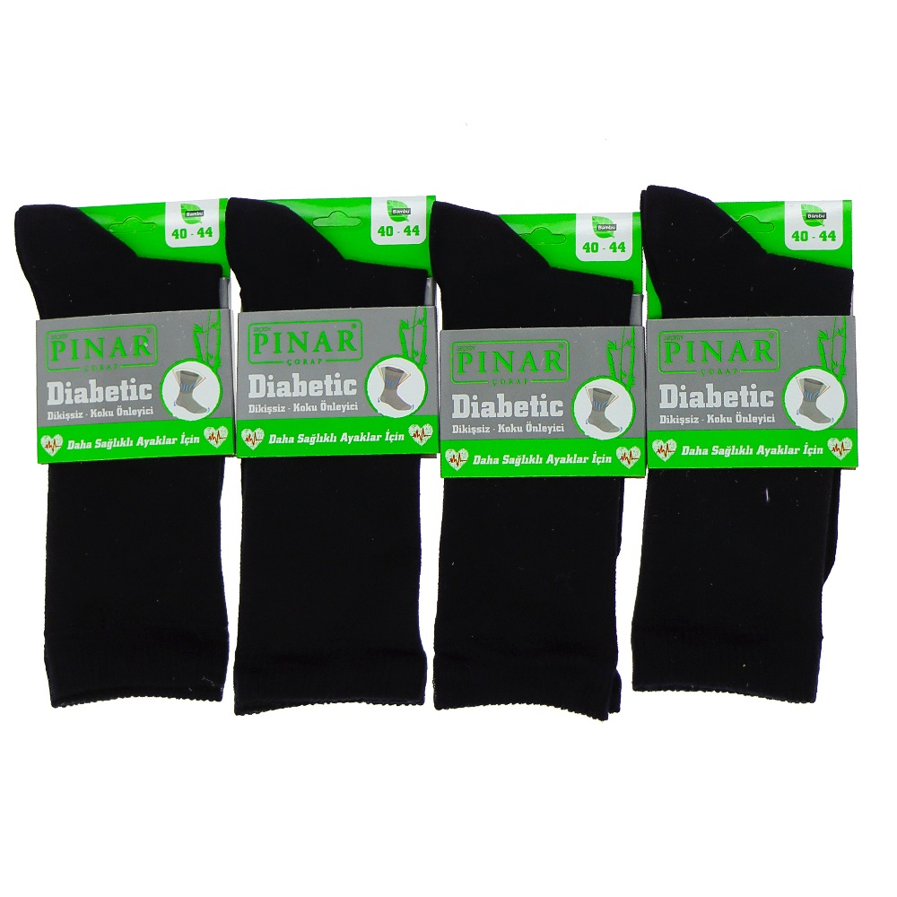 Pınar 8957 Erkek Bambu Likralı Dikişsiz Diabetik Şeker Kutulu Çorap - Siyah - PAKET İÇİ TEK RENK