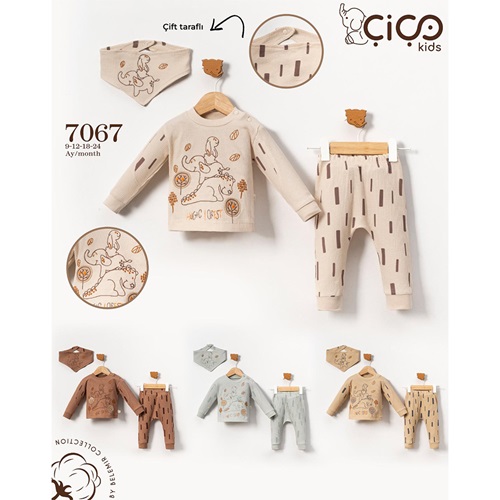 Çiço Kids 7067 Erkek Bebe Penye Waffle Sevimli Hayvanlar Nakışlı 3 Lü Takım 9-24 Ay - Bej - 9-24 AY