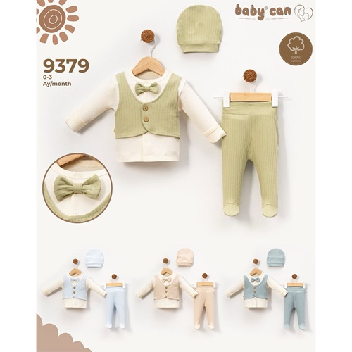 Baby Can 9379 Erkek Bebe Penye Yelekli Bereli 3 Parça Zıbın Takım 0-3 Ay - Mint Yeşil - 0-3 AY
