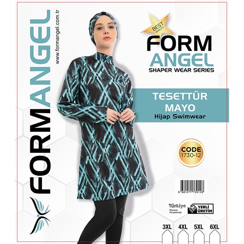 Form Angel 1730-12 Kadın Desenli Battal Paraşüt Taytlı Tesettür Mayo 3XL-6XL