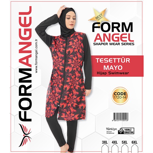 Form Angel 1720-14 Kadın Desenli Battal Paraşüt Taytlı Tesettür Mayo 3XL-6XL - Siyah - 3XL-4XL-5XL-6XL