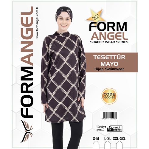 Form Angel 1600-95 Kadın Desenli Paraşüt Taytlı Tesettür Mayo S-M-3 XL - Siyah - S-M L-XL 2XL-3XL