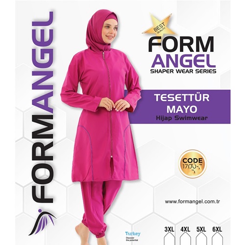 Form Angel 1700-3-6 Kadın Desenli Battal Paraşüt Taytlı Fermuarlı Tesettür Mayo 3XL-6XL - Siyah - 3XL-4XL-5XL-6XL