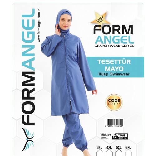 Form Angel 1700-4-1 Kadın Desenli Battal Paraşüt Taytlı Fermuarlı Tesettür Mayo 3XL-6XL - Gül Kurusu - 3XL-4XL-5XL-6XL