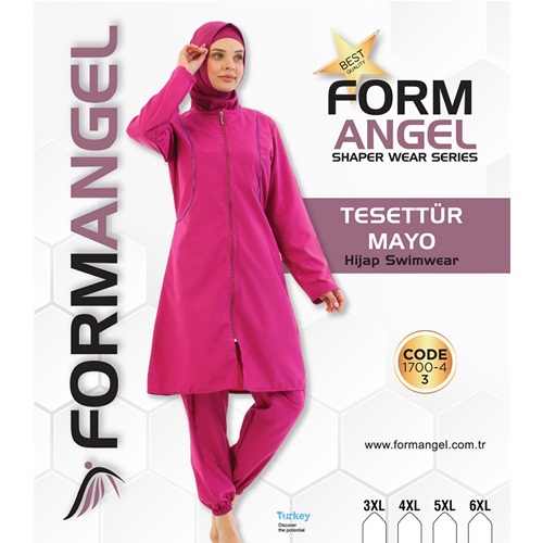 Form Angel 1700-4-3 Kadın Desenli Battal Paraşüt Taytlı Fermuarlı Tesettür Mayo 3XL-6XL - Gül Kurusu - 3XL-4XL-5XL-6XL
