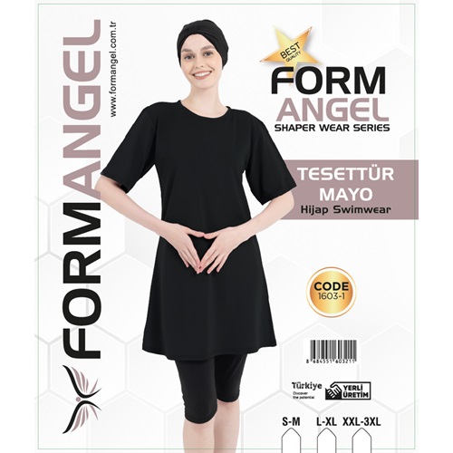 Form Angel 1603-1 Kadın kısa kollu Likralı Düz Renk Tesettür Mayo S-M-3 XL - Siyah - S-M L-XL 2XL-3XL
