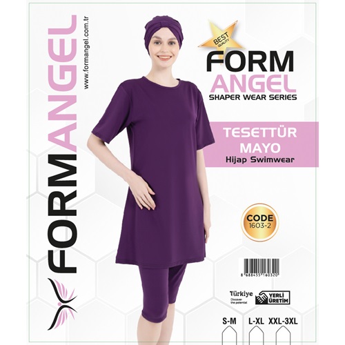 Form Angel 1603-2 Kadın kısa kollu Likralı Düz Renk Tesettür Mayo S-M-3 XL - Mor - S-M L-XL 2XL-3XL