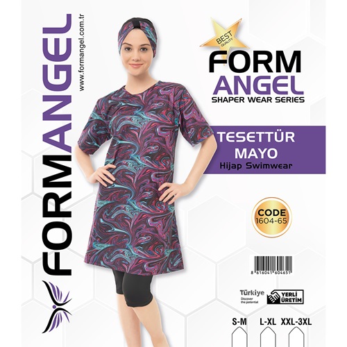 Form Angel 1604-65 Kadın kısa kollu Likralı Desenli Tesettür Mayo S-M-3 XL
