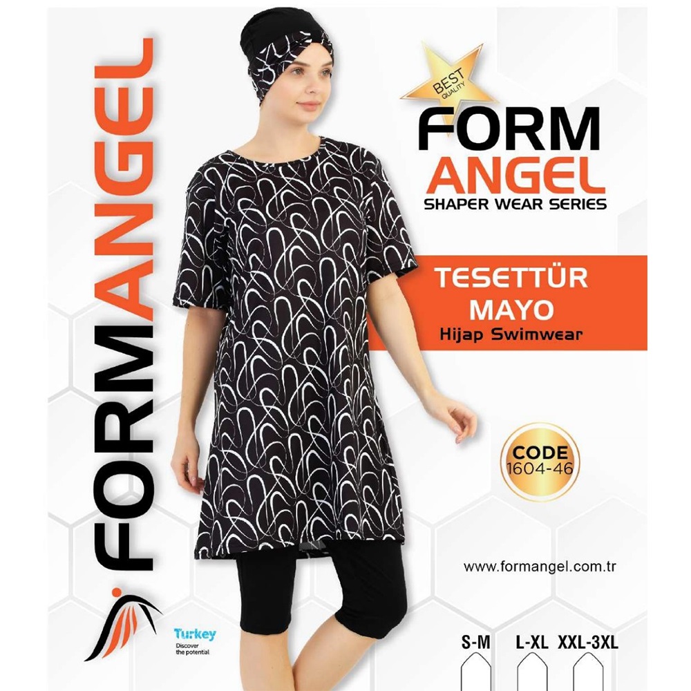 Form Angel 1604-46 Kadın kısa kollu Likralı Desenli Tesettür Mayo S-M-3 XL