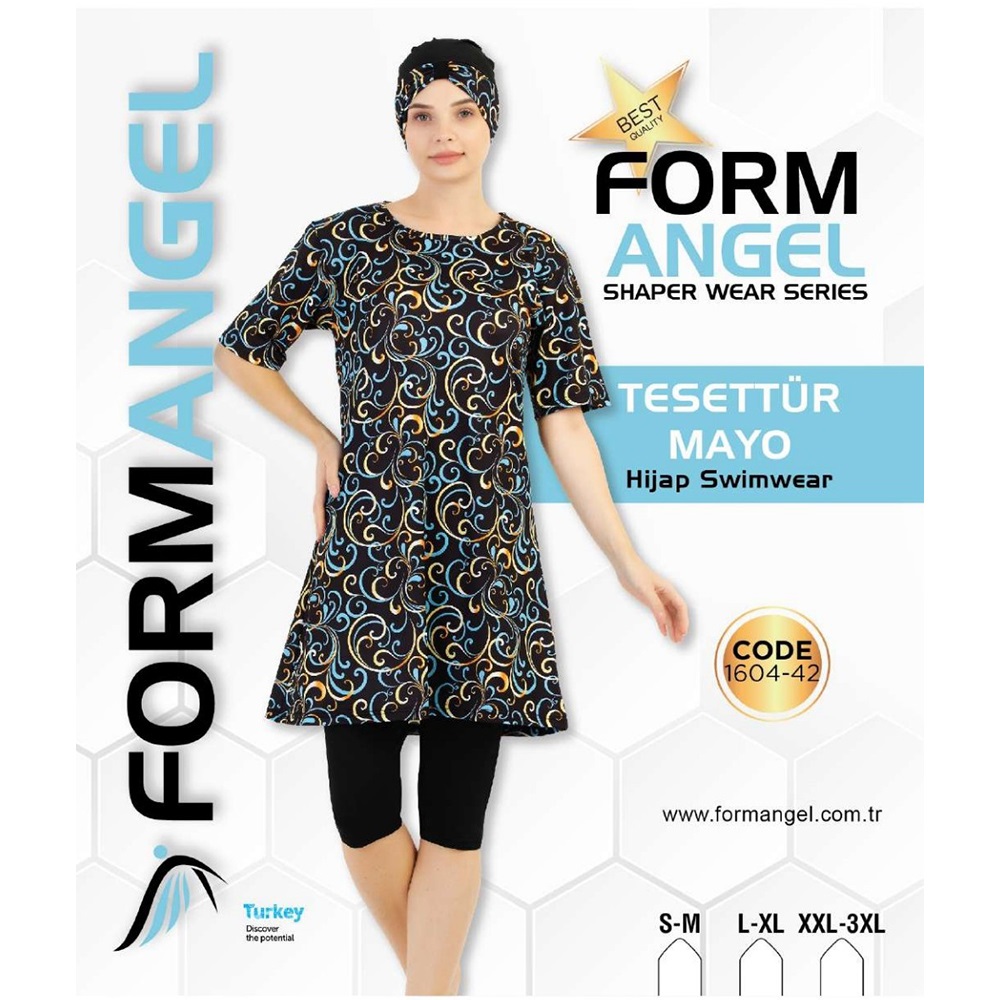 Form Angel 1604-42 Kadın kısa kollu Likralı Desenli Tesettür Mayo S-M-3 XL