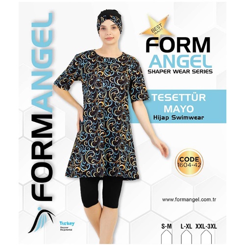 Form Angel 1604-42 Kadın kısa kollu Likralı Desenli Tesettür Mayo S-M-3 XL