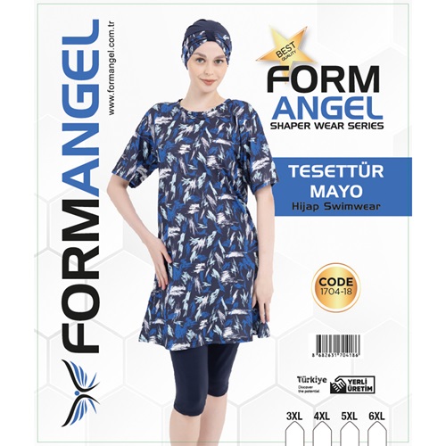 Form Angel 1704-18 Kadın Battal Kısa Kollu Likralı Desenli Tesettür Mayo 3XL-6XL - Mavi - 3XL-4XL-5XL-6XL