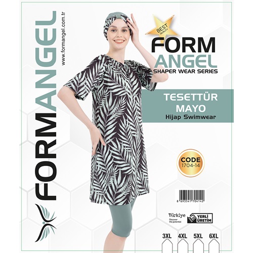 Form Angel 1704-14 Kadın Battal Kısa Kollu Likralı Desenli Tesettür Mayo 3XL-6XL - Mint Yeşil - 3XL-4XL-5XL-6XL