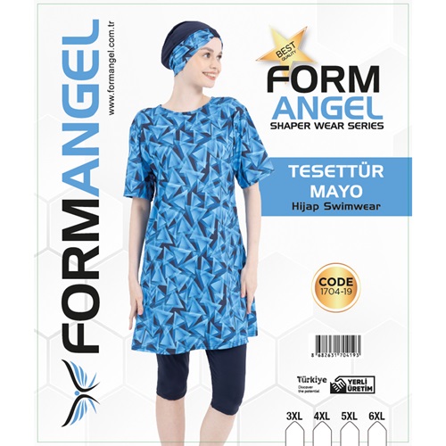 Form Angel 1704-19 Kadın Battal Kısa Kollu Likralı Desenli Tesettür Mayo 3XL-6XL - Mavi - 3XL-4XL-5XL-6XL