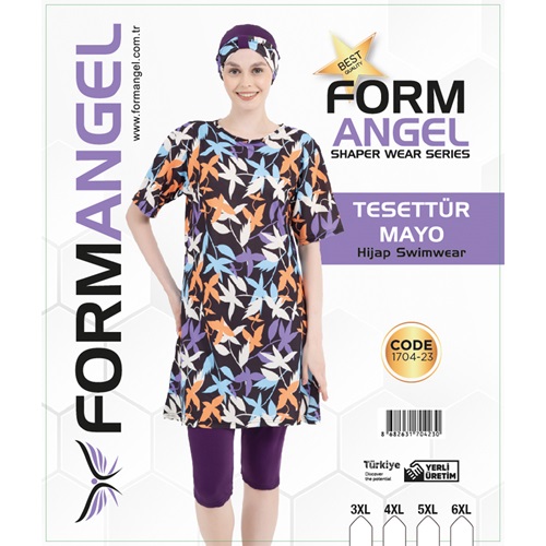 Form Angel 1704-23 Kadın Battal Kısa Kollu Likralı Desenli Tesettür Mayo 3XL-6XL - Lila - 3XL-4XL-5XL-6XL