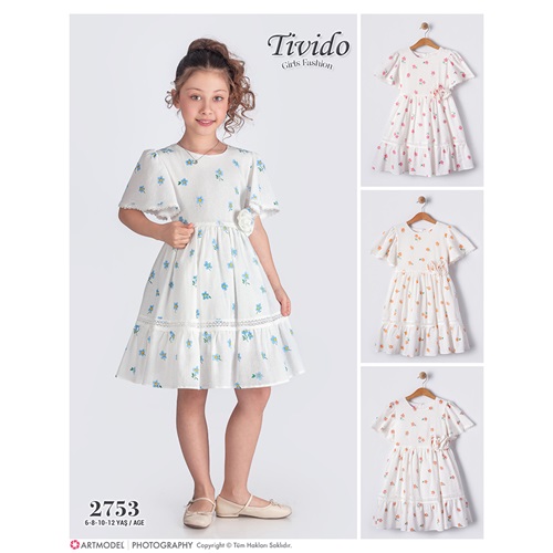 Tivido 2753 Kız Çocuk Çiçek Baskılı Kol Dantelli Elbise 6-12 Yaş - Pembe - 6-12 YAŞ