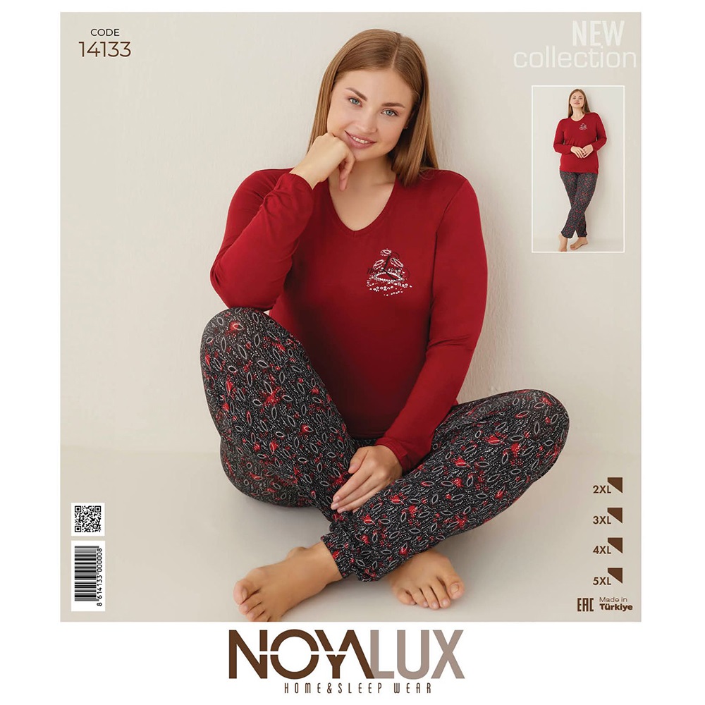 Noya Lux 14133 Bayan Battal Penye V Yaka Pijama Takımı 2XL-5XL - Bordo - 4XL