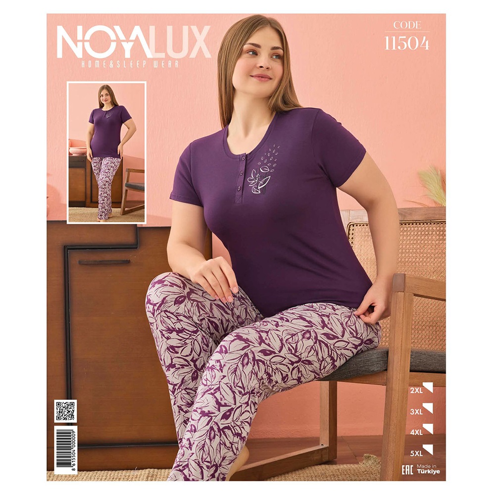 Noya Lux 11504 Bayan Battal Düğmeli Patlı Kısa Kol Pijama Takımı 2XL-5XL - Mor - 2XL