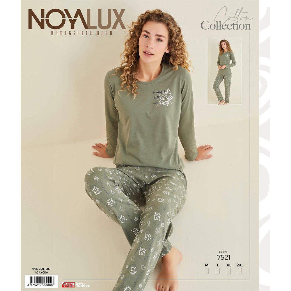 Noya Lux 7521 Bayan Penye Patlı Uzun Kolu Bisiklet Yaka Pijama Takımı M-2XL - Mint Yeşil - M