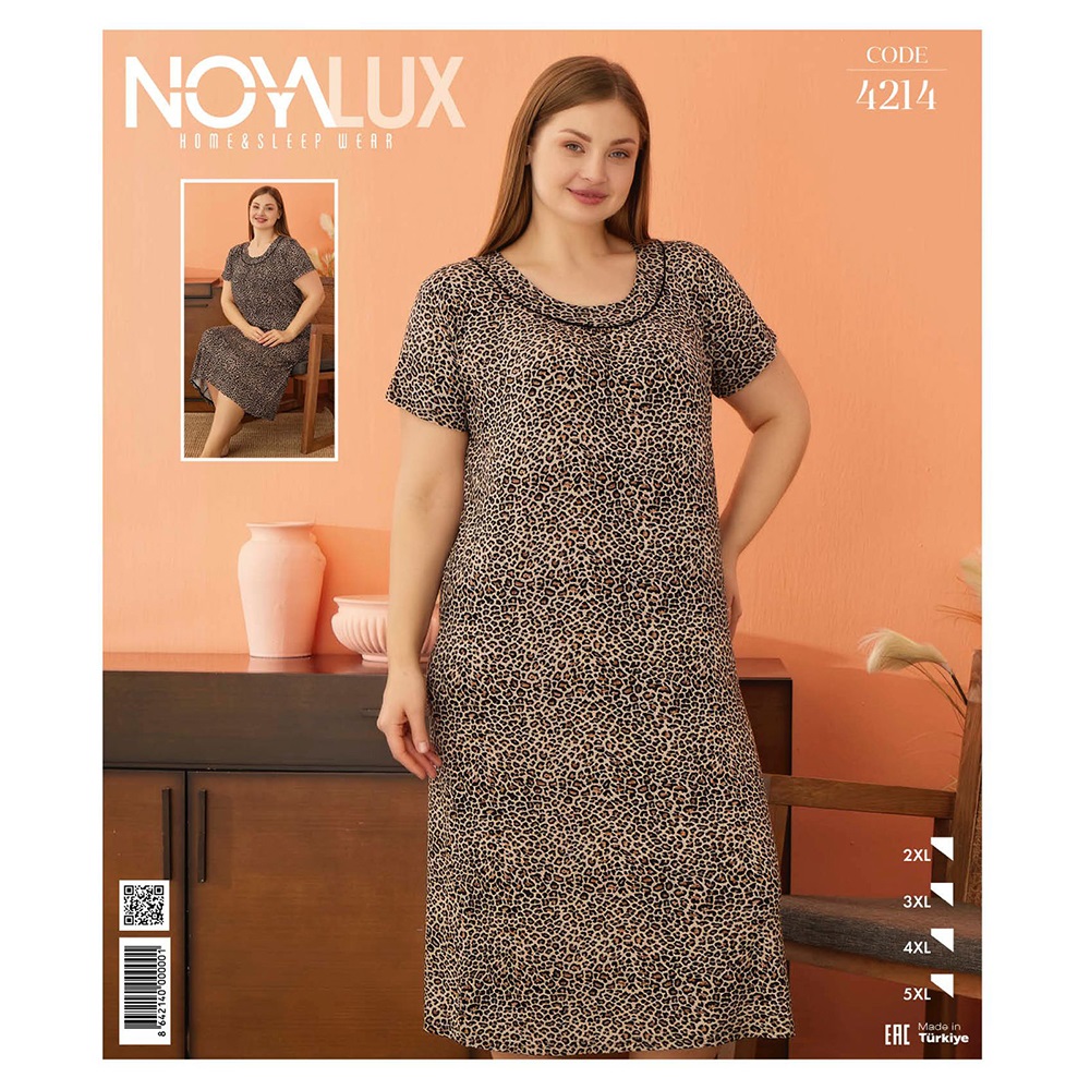 Noya Lux 4214 Bayan Battal Penye Körüklü Patlı Kısa Kol Boydan Gecelik 2XL-5XL - Leopar - 2XL
