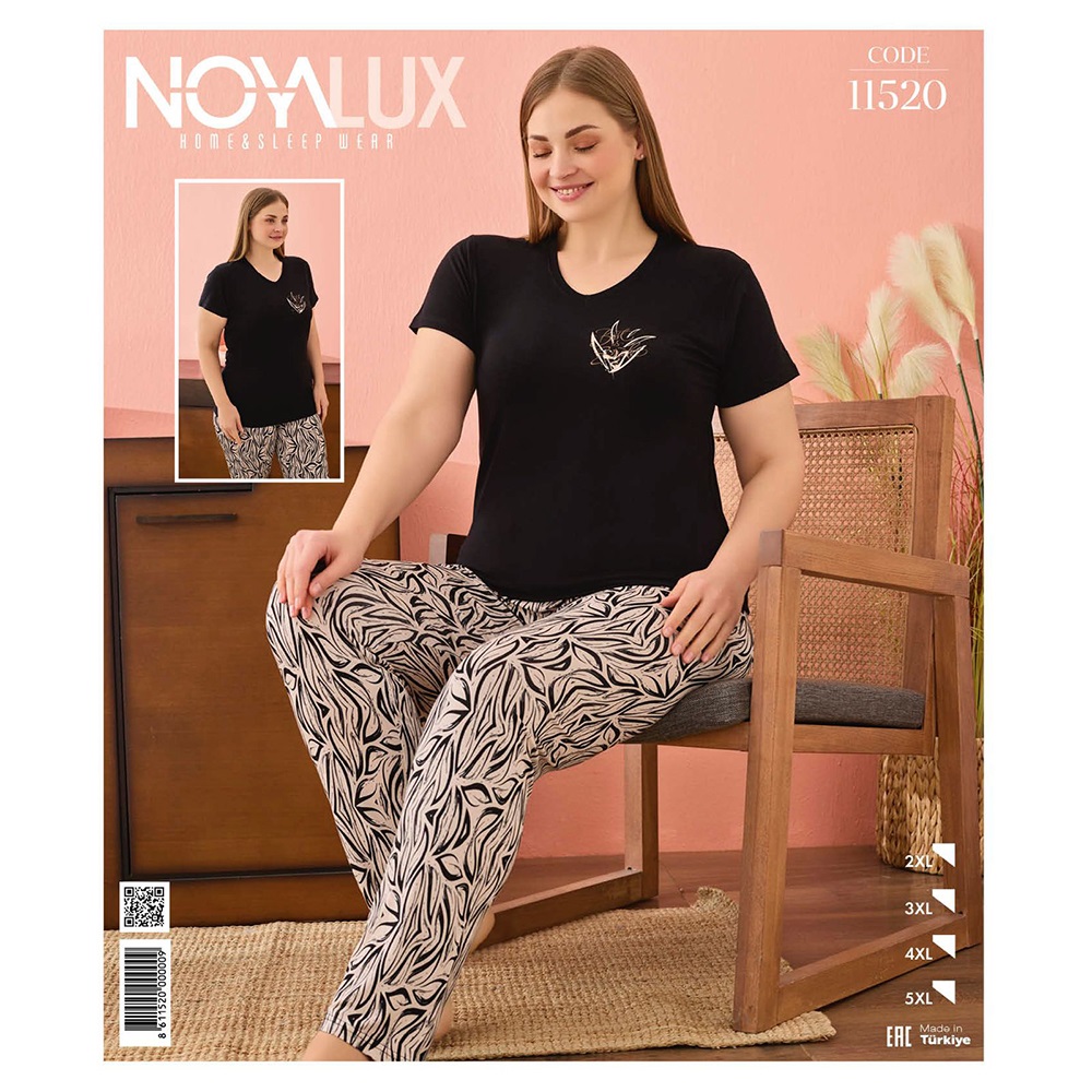Noya Lux 11520 Bayan Battal Ring Viskon V Yaka Kısa Kol Pijama Takımı 2XL-5XL - Siyah - 2XL