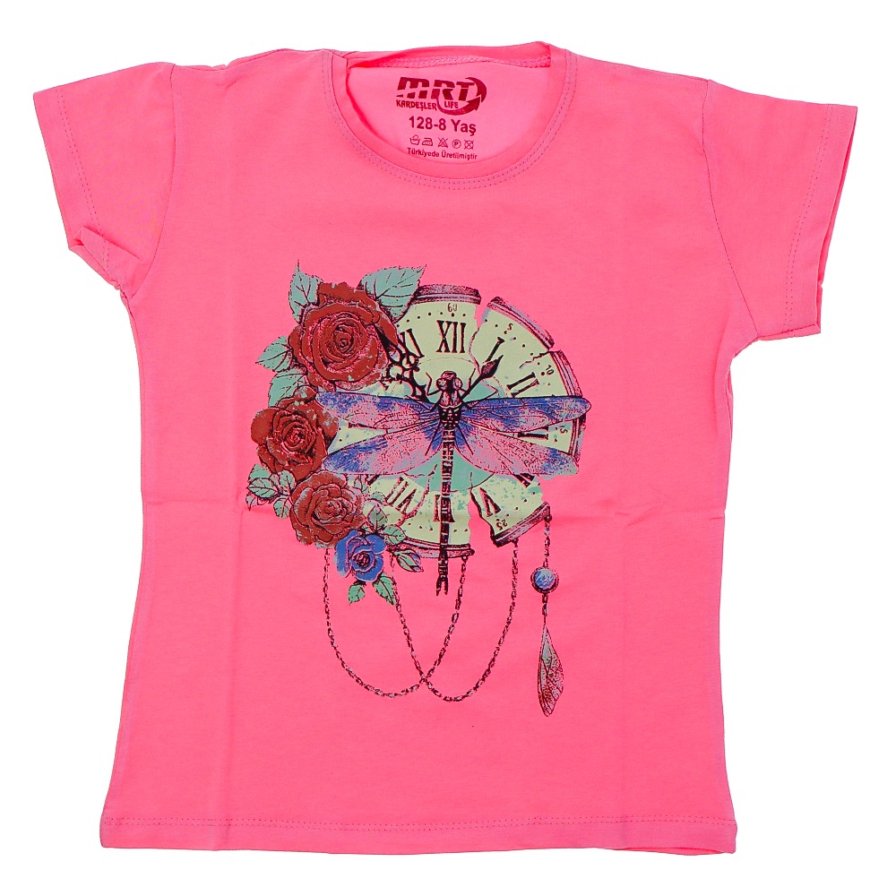 Kardeşler Kız Çocuk Penye Saat Baskılı Sıfır Yaka Tişört 5-8 Yaş