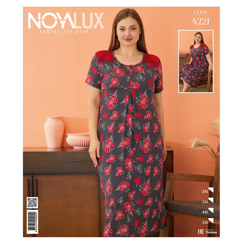 Noya Lux 4221 Bayan Battal Penye Körüklü Kısa Kol Boydan Gecelik 2XL-5XL - Füme - 2XL