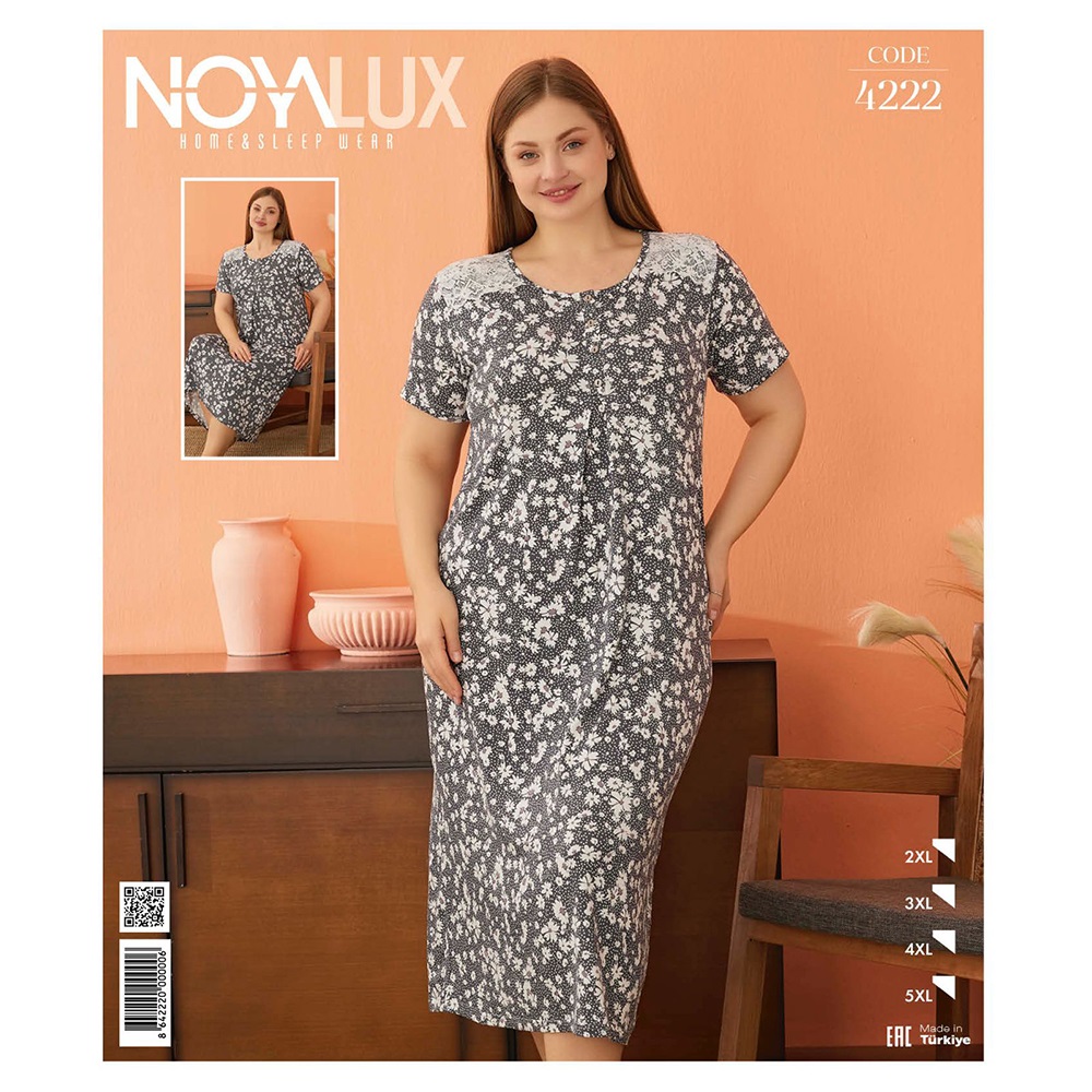 Noya Lux 4222 Bayan Battal Penye Körüklü Patlı Kısa Kol Boydan Gecelik 2XL-5XL - Antrasit - 2XL