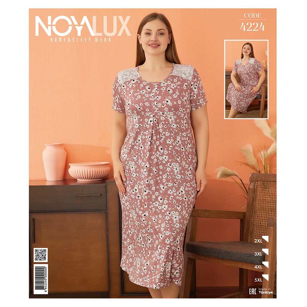 Noya Lux 4224 Bayan Battal Penye Körüklü Patlı Kısa Kol Boydan Gecelik 2XL-5XL - Gül Kurusu - 2XL