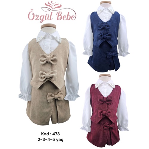 Özgül 473 Kız Çocuk Kadife Yelekli Şort Etekli 3 Lü Takım 2-5 Yaş - Karışık Renk - 2-5 YAŞ