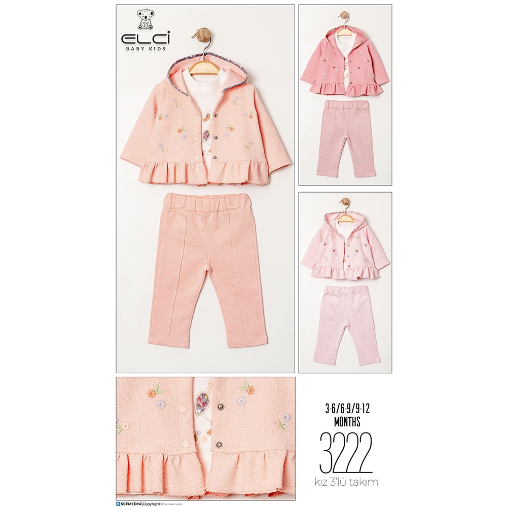 Elci 3222 Kız Bebe Penye Sevimli Kuğu Nakışlı 3 Lü Takım 3-12 Ay - Karışık Renk - 3-6-9-12 AY