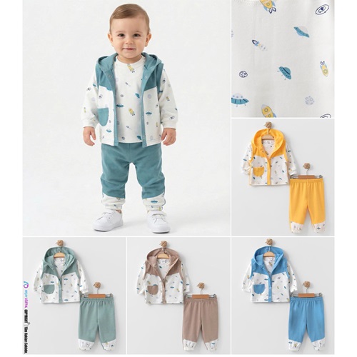 Çağkon 2025 Kız Çocuk Penye Çicek Baskısı Kapşonlu Yelekli 3 lü Takım 1-Yaş