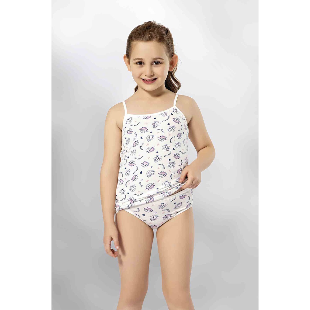 Kota 3406 Kız Çocuk Baskılı Bikinili Takım - Ekru Desenli - 11-12 YAŞ