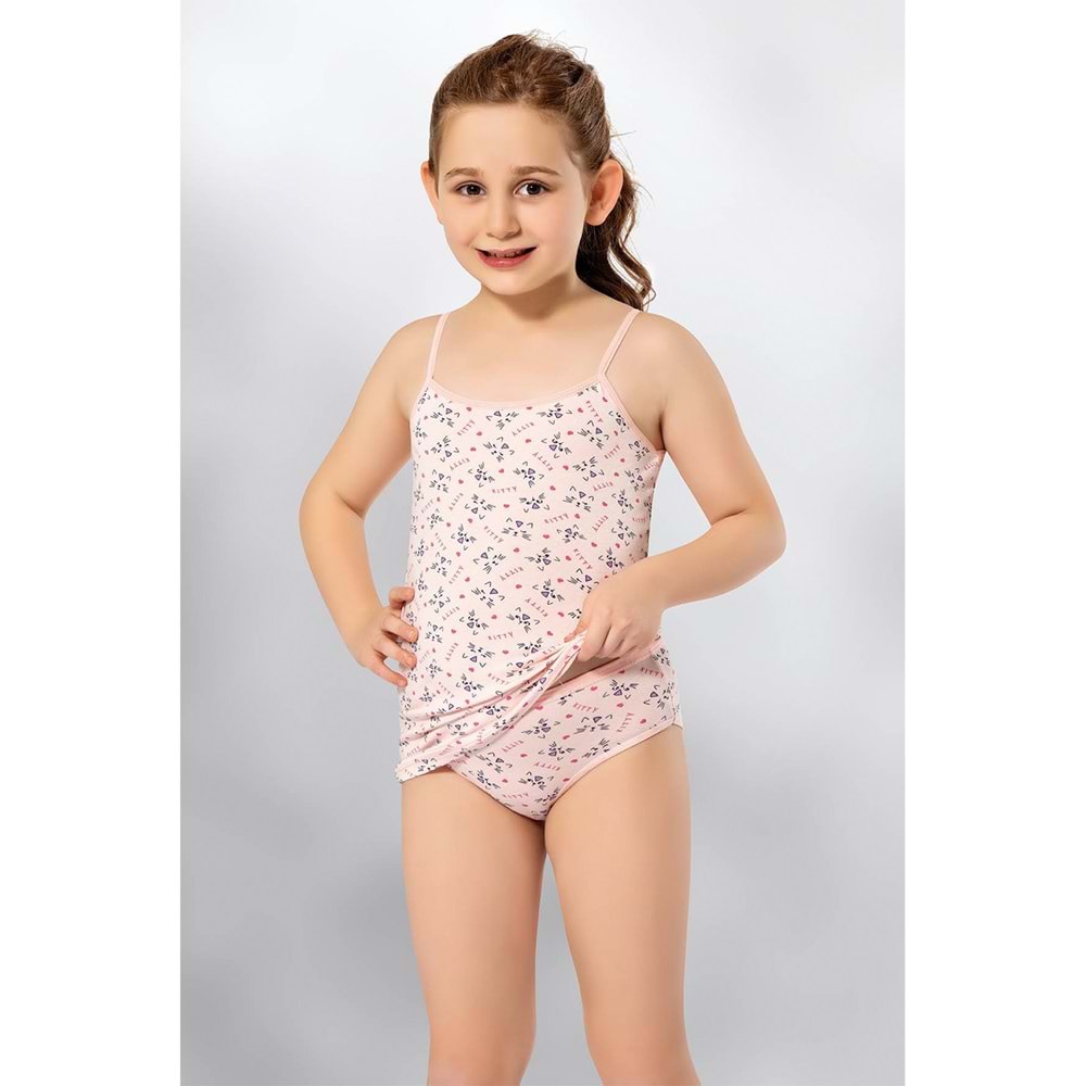 Kota 3406 Kız Çocuk Baskılı Bikinili Takım - Somon Desenli - 7-8 YAŞ