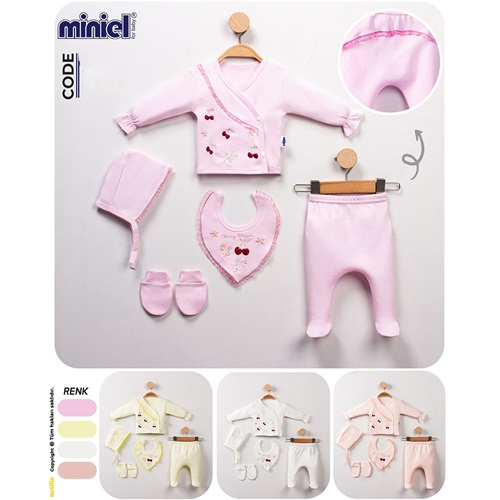 Miniel 180 Bebe Penye Kiraz Nakışlı 5 Li Zıbın Takım 0-3 Ay - Karışık Renk - 0-3 AY