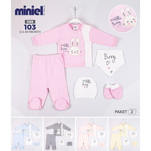 Miniel 103 Bebe Penye Sevimli Tavşan Nakışlı 5 Li Zıbın Takım 0-3 Ay - Karışık Renk - 0-3 AY